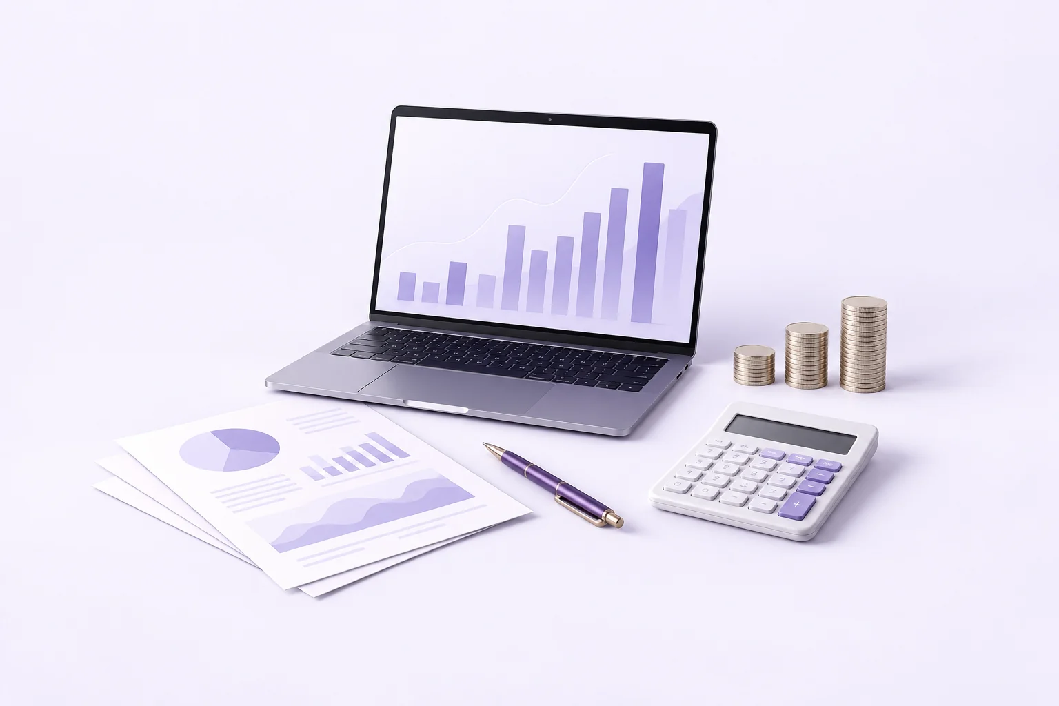 Complete accounting still life with laptop, calculator, reports, pen and coin stacks