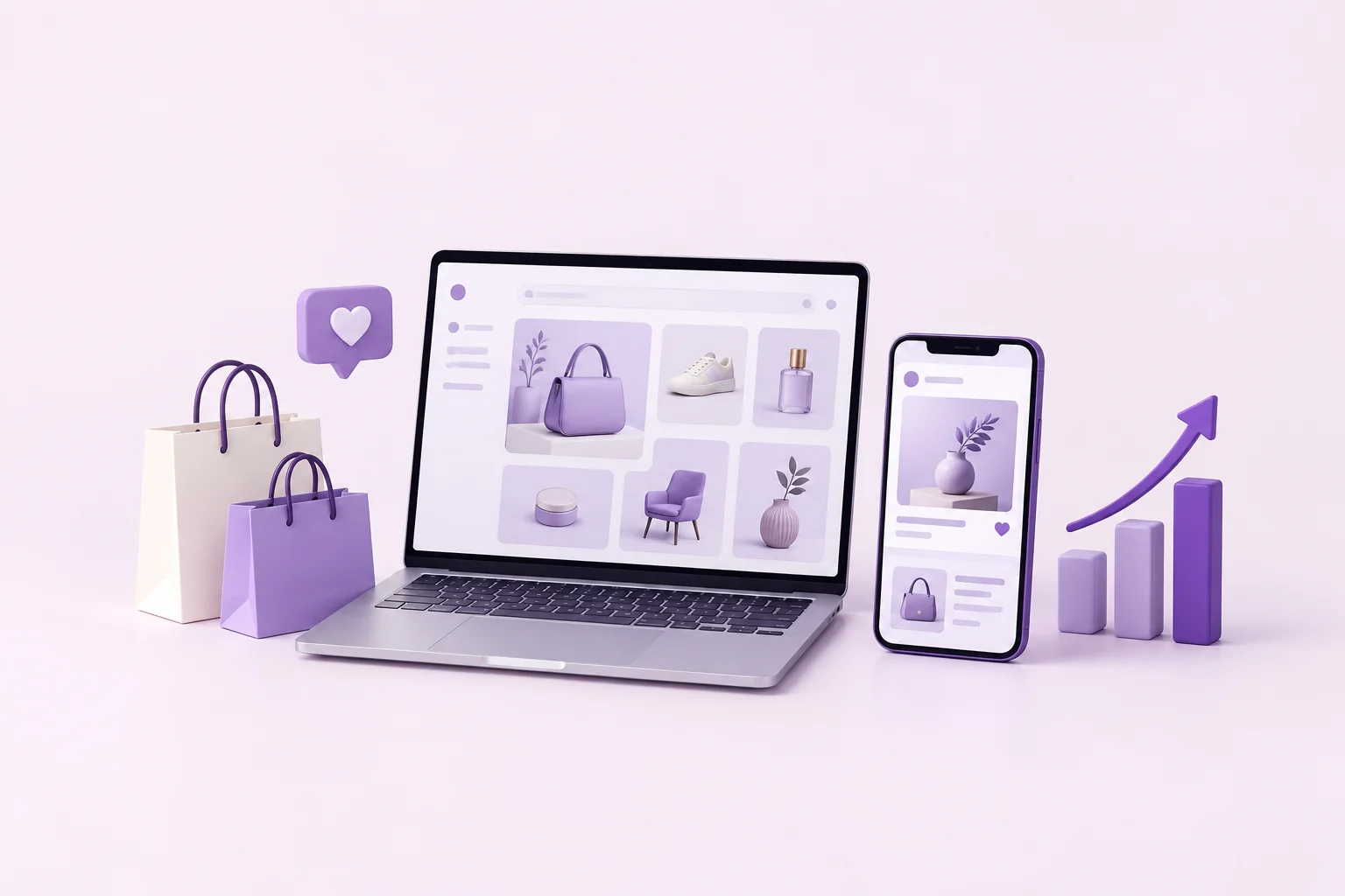 Complete digital marketing and ecommerce still life with laptop, phone, shopping bags and growth chart
