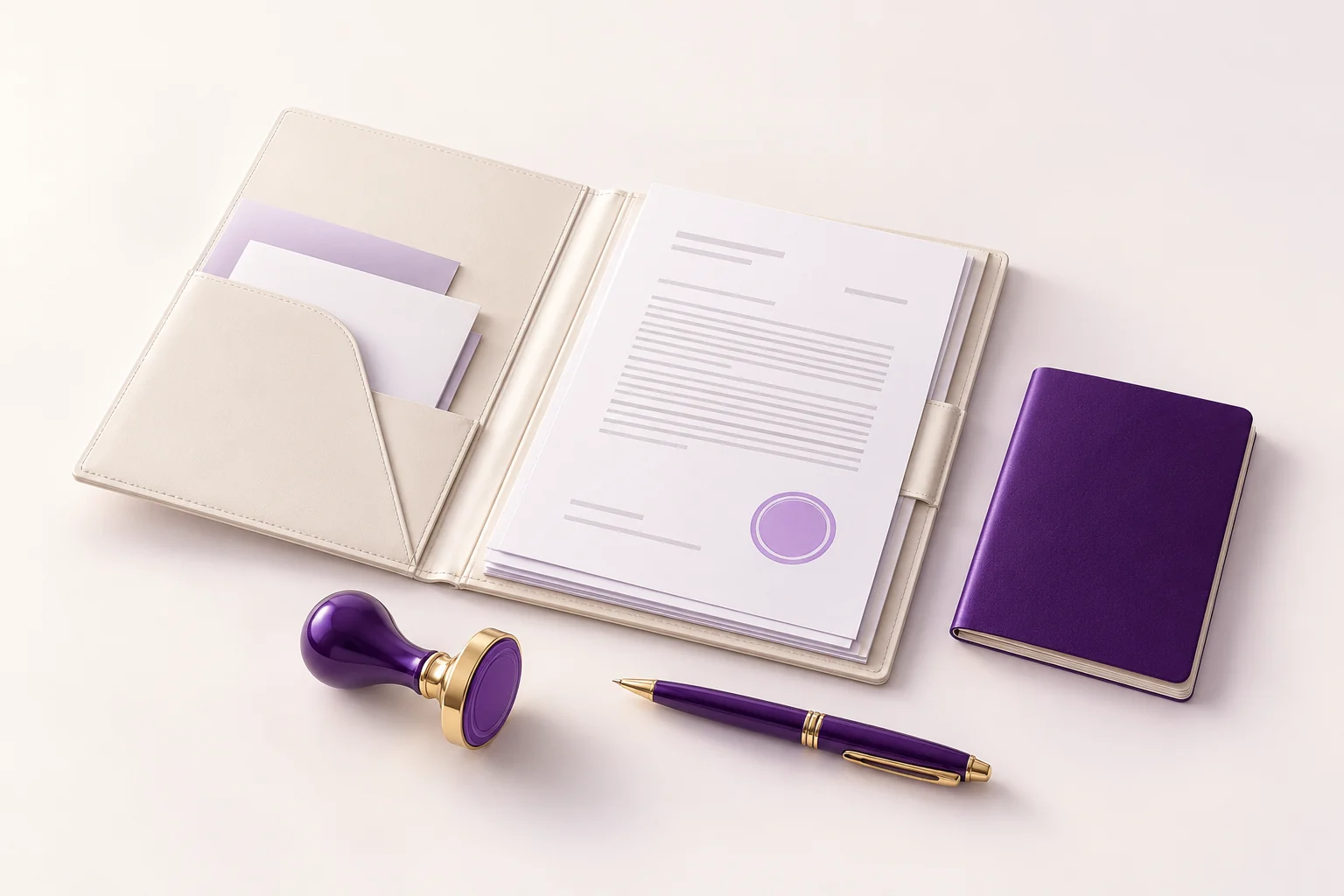 Complete document services still life with an open folder, documents, booklet, stamp and pen