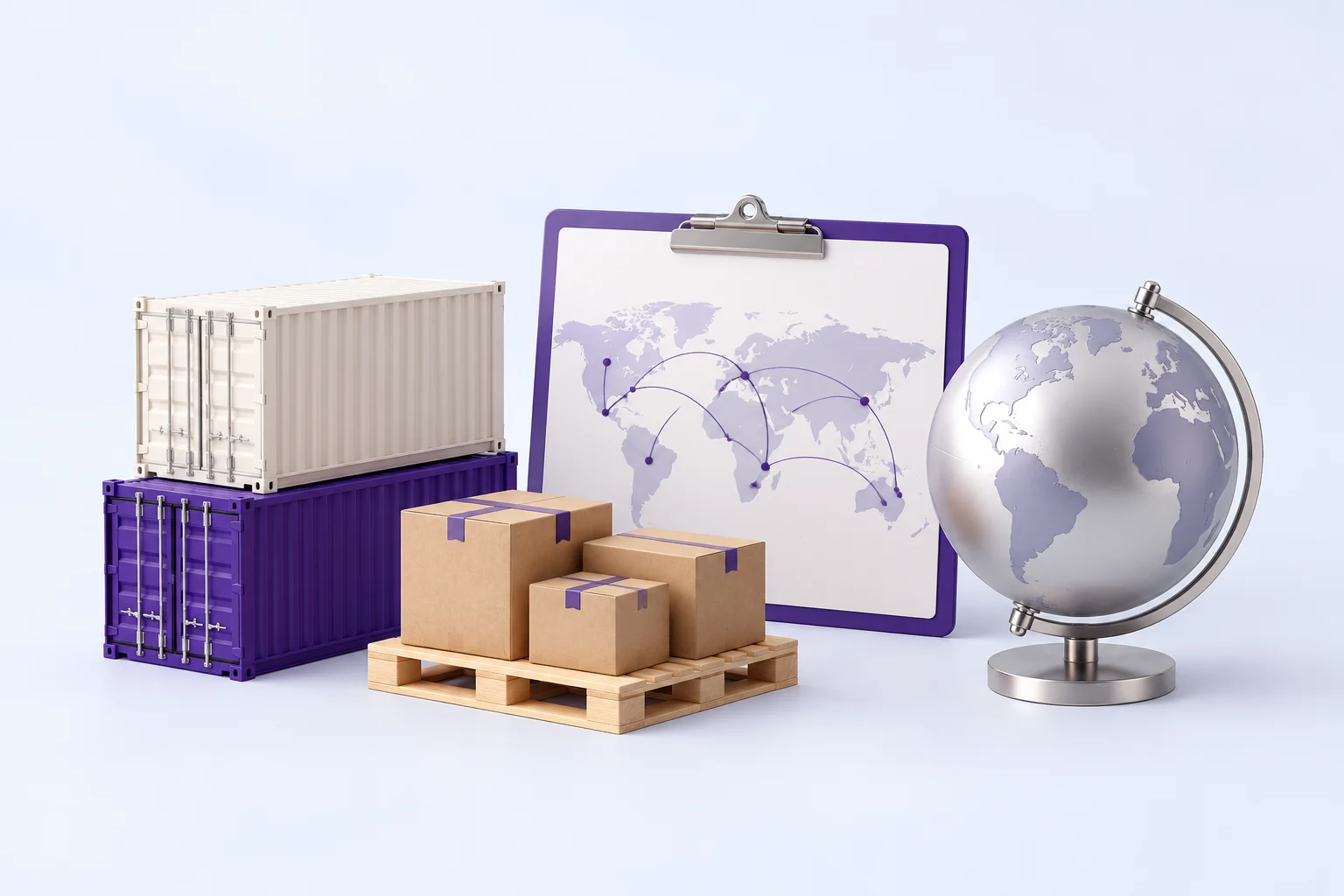 Complete general trading still life with cargo containers, shipping cartons, pallet, globe and route clipboard